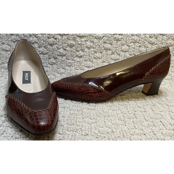 Cognac Embossed Leather Mary Jane Pump – Ally Shoes Bally Brown Calf Leather Ardsley Pumps NIB Womens 9M Croc Embossed Italy Cognac
